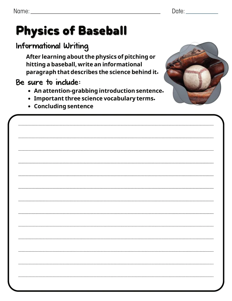 Physics of Baseball informational writing: students explain the science of pitching or hitting using three vocabulary terms