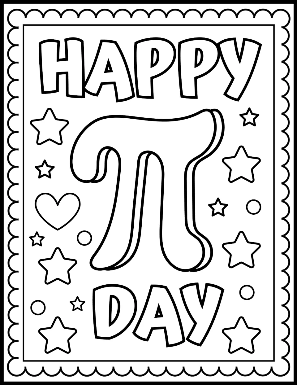 Pi Day coloring sheet featuring the words “HAPPY” and “DAY” with a large pi symbol completing the greeting
