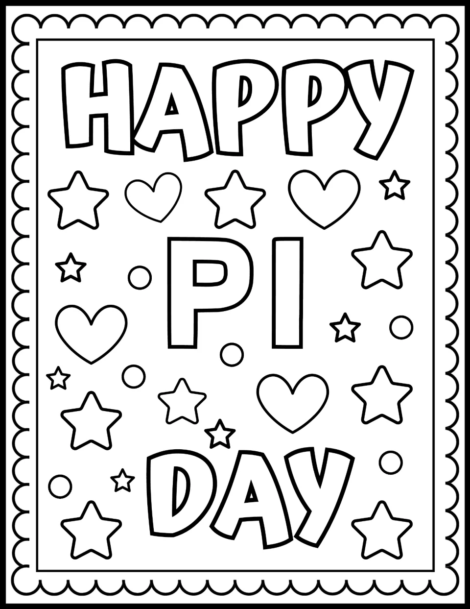 Pi Day coloring sheet featuring “HAPPY PI DAY,” with the word “PI” spelled out in large outlined letters