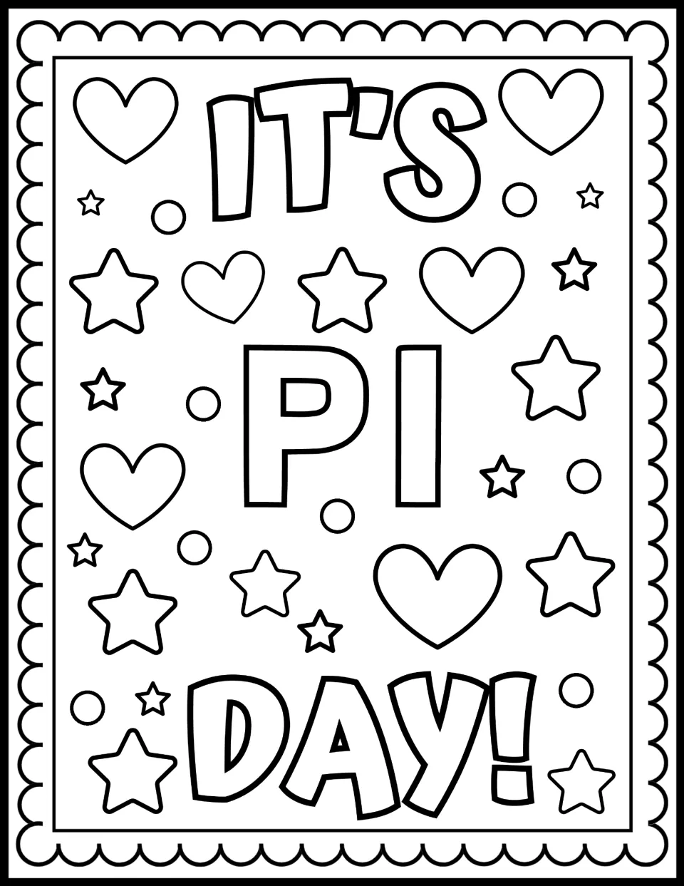 Pi Day coloring sheet featuring the message “IT’S PI DAY!” in large outlined letters for students to color