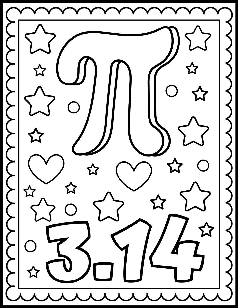 Pi Day coloring sheet featuring a large outlined pi symbol and the number 3.14 for students to color