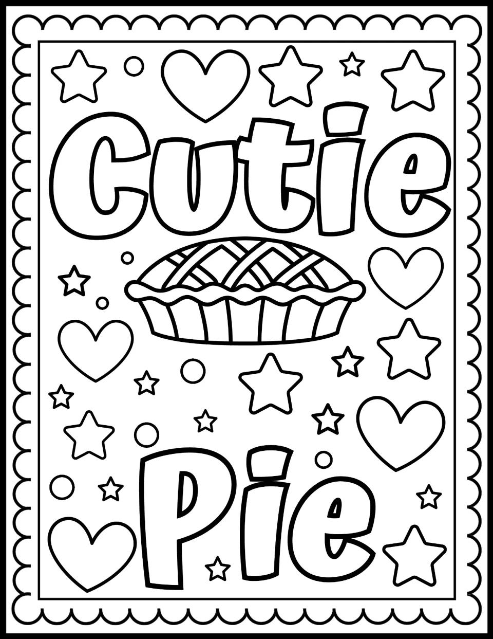 Pi Day coloring sheet featuring the words “Cutie Pie” and a whole pie with a lattice crust to color