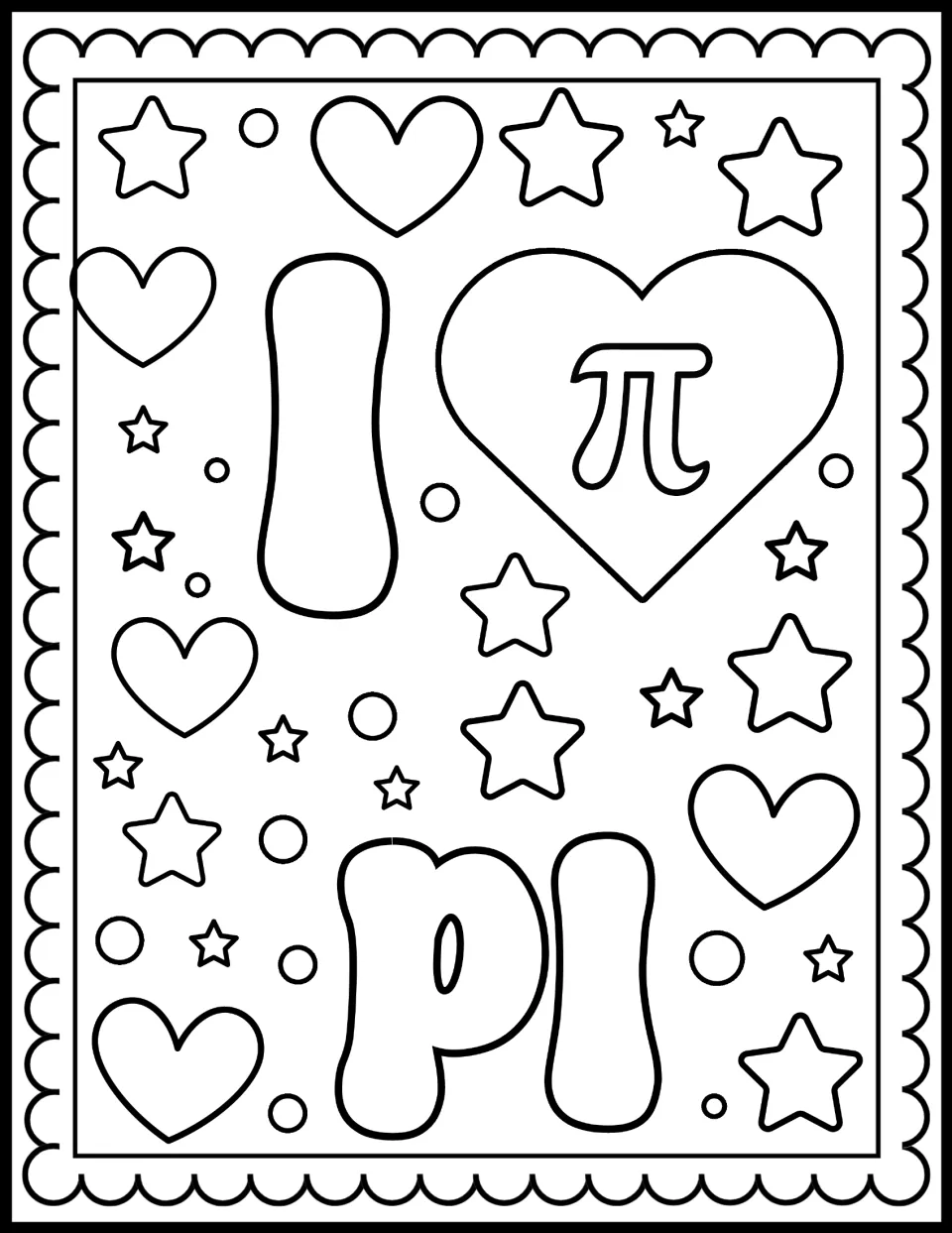 Pi Day coloring sheet featuring “I,” a heart containing the pi symbol, and “PI” to express “I love pi”