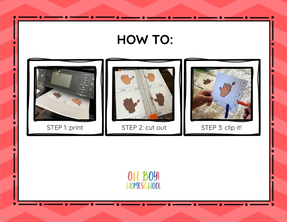 How-to steps for the clip cards: step 1 print, step 2 cut out, step 3 clip a clothespin on the finger number and hand