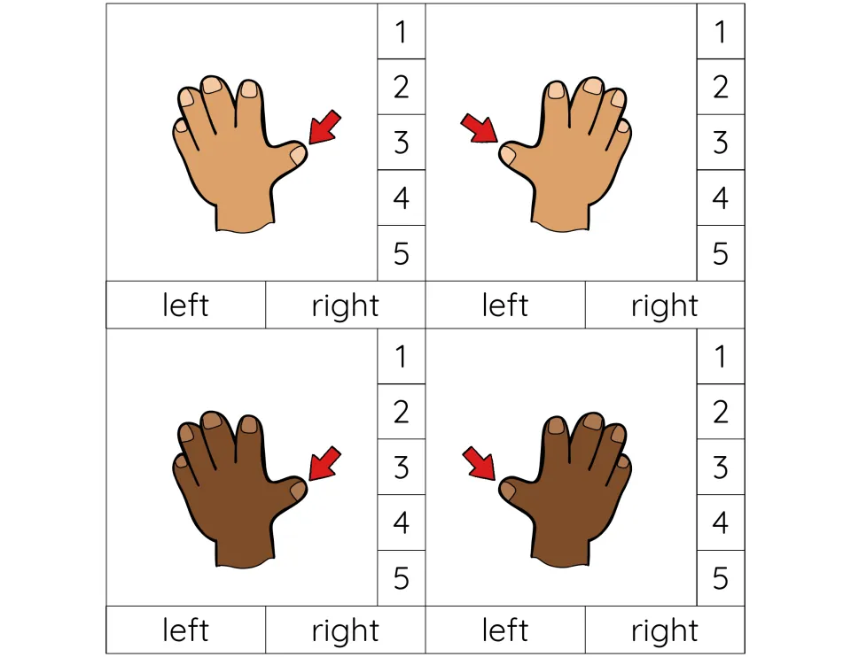 Finger 1 cards: thumbs marked by red arrows on tan and dark brown left and right hands; students clip 1 and the hand