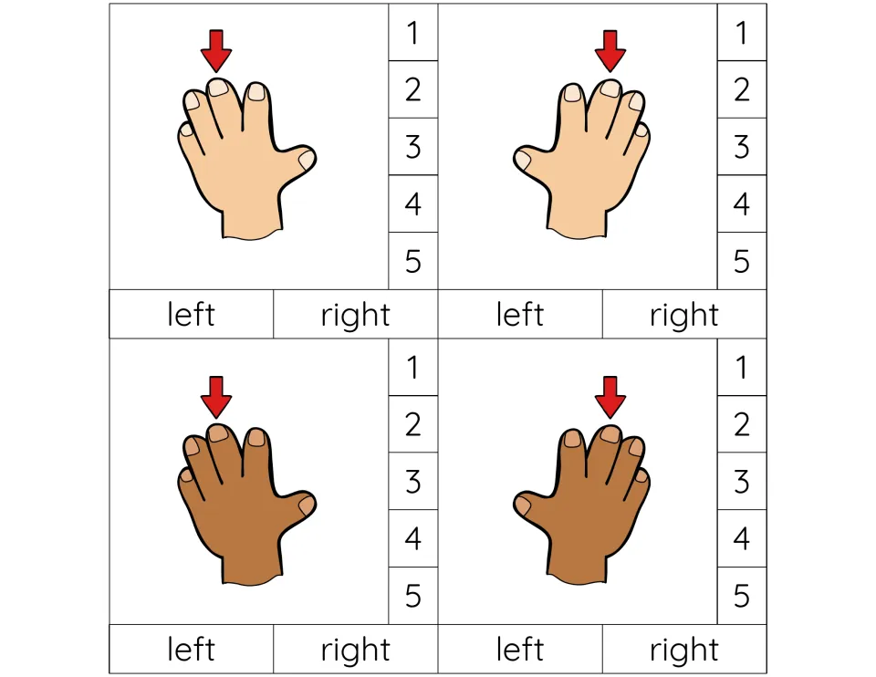 Middle finger as finger 3: four cards, left and right hands in light and brown skin; students clip the number and the hand
