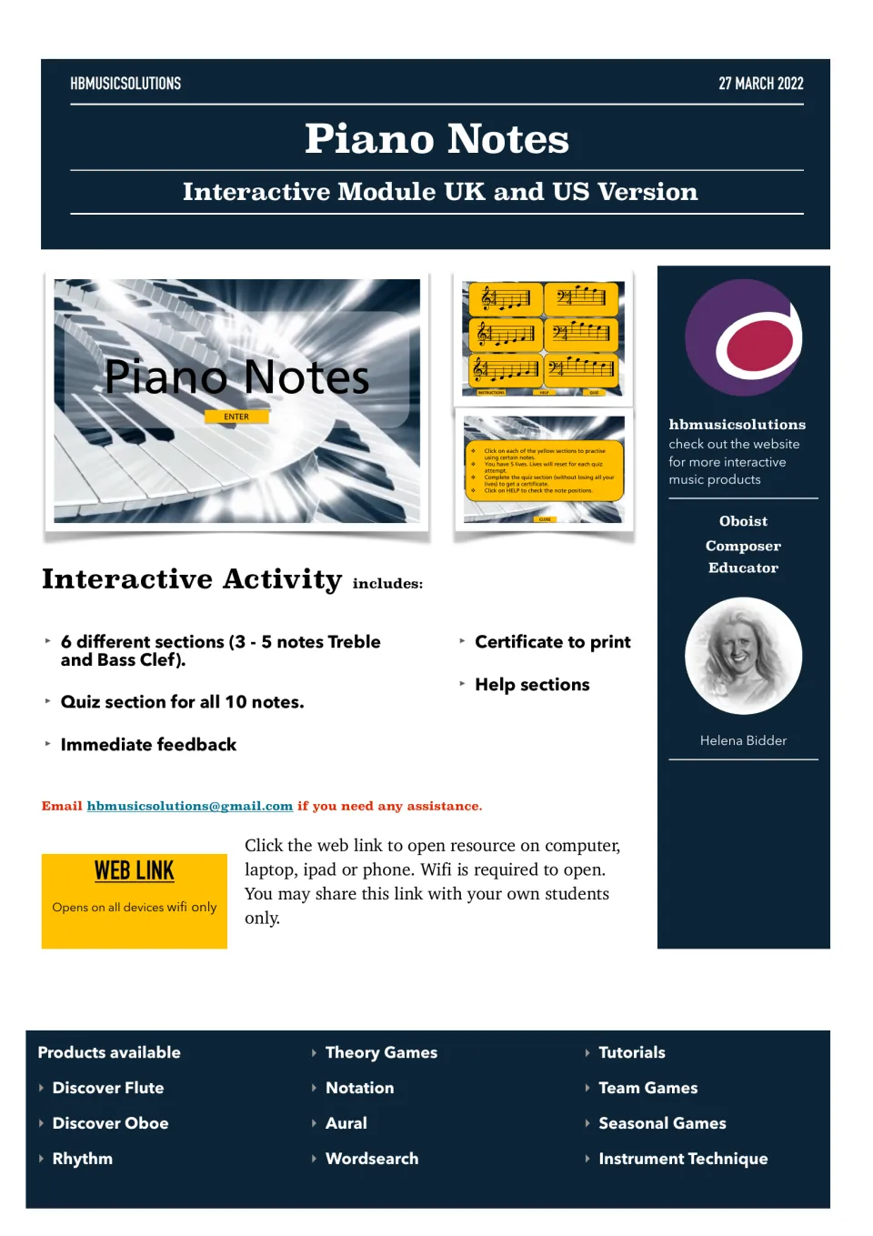 Piano Notes interactive module cover: 6 treble and bass clef note sections, a quiz on all 10 notes and a certificate