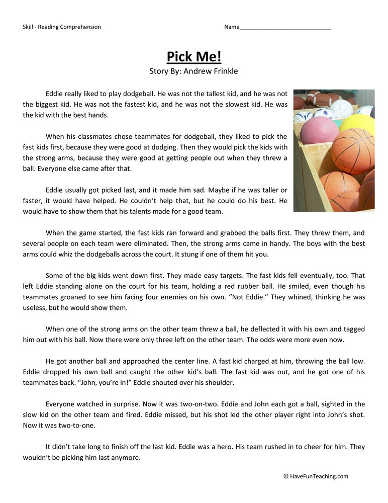 Pick Me Reading Comprehension Worksheet teaching resource preview