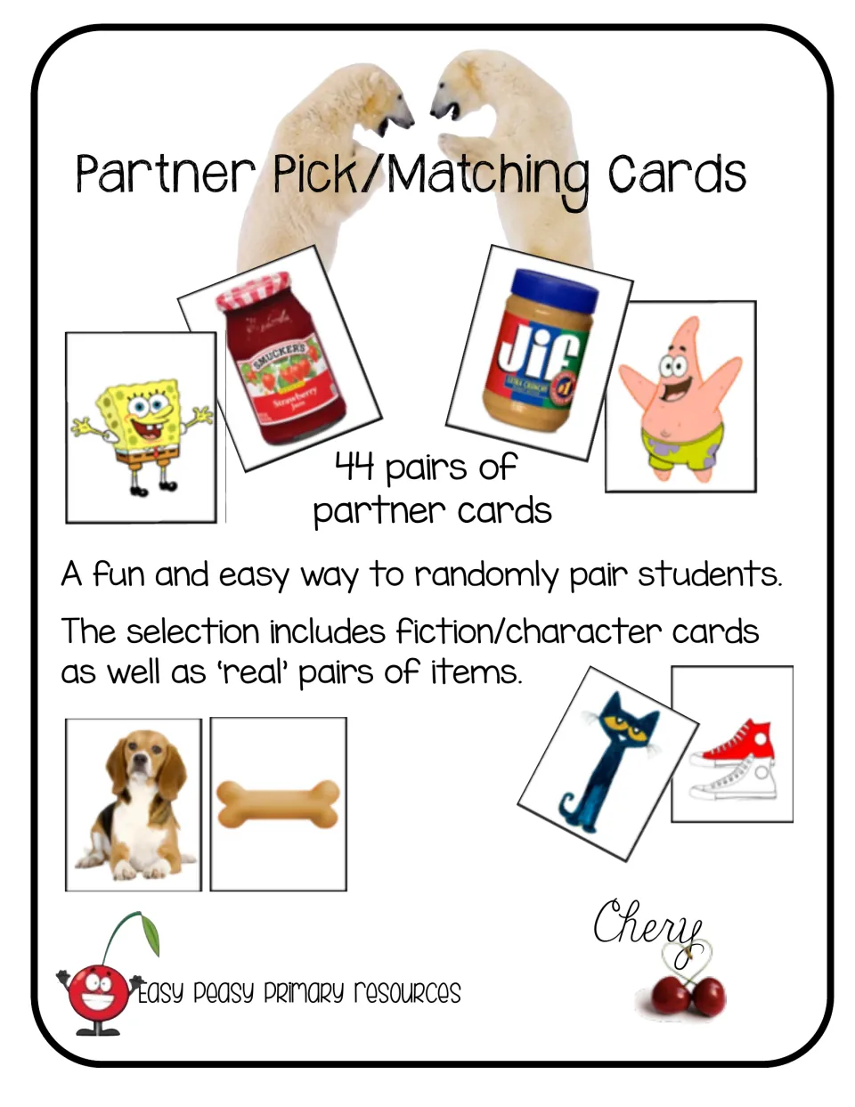Partner Pick/Matching Cards cover: 44 pairs of cards, cartoon characters and real items, for randomly pairing students