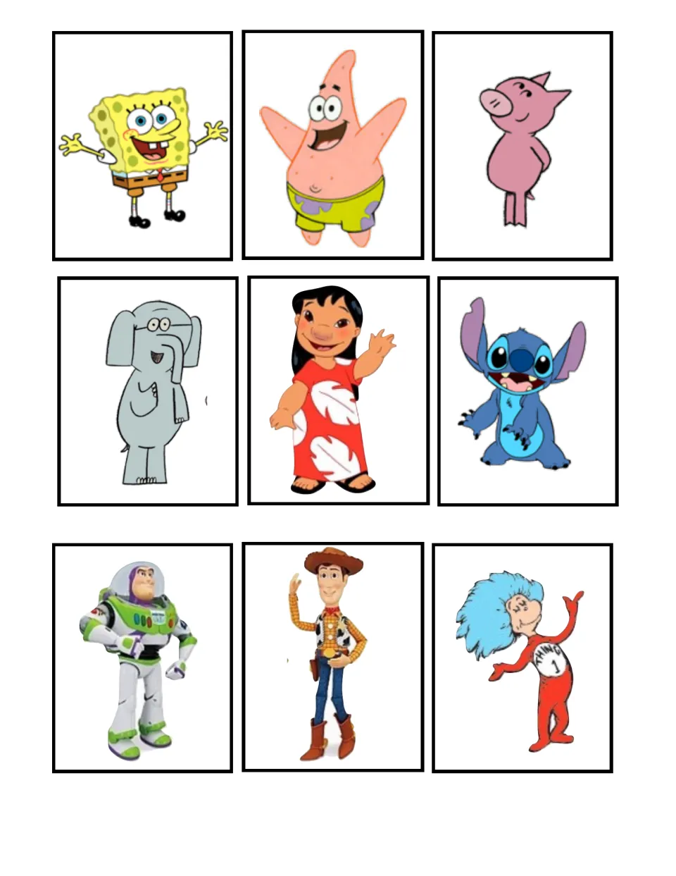 Character pairing cards: SpongeBob, Patrick, Piggie, Gerald, Lilo, Stitch, Buzz Lightyear, Woody and Thing 1 to match up