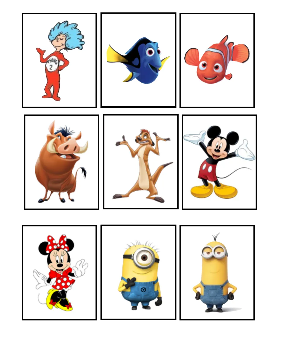 Cartoon match-up cards: Thing 2, Dory, Nemo, Pumbaa, Timon, Mickey, Minnie and two Minions; students find their partner
