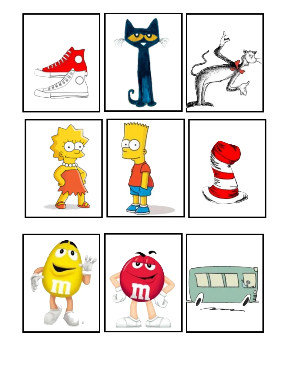 Cards to pair: sneakers, Pete the Cat, Cat in the Hat, his hat, Lisa and Bart Simpson, yellow and red M&M's and a bus