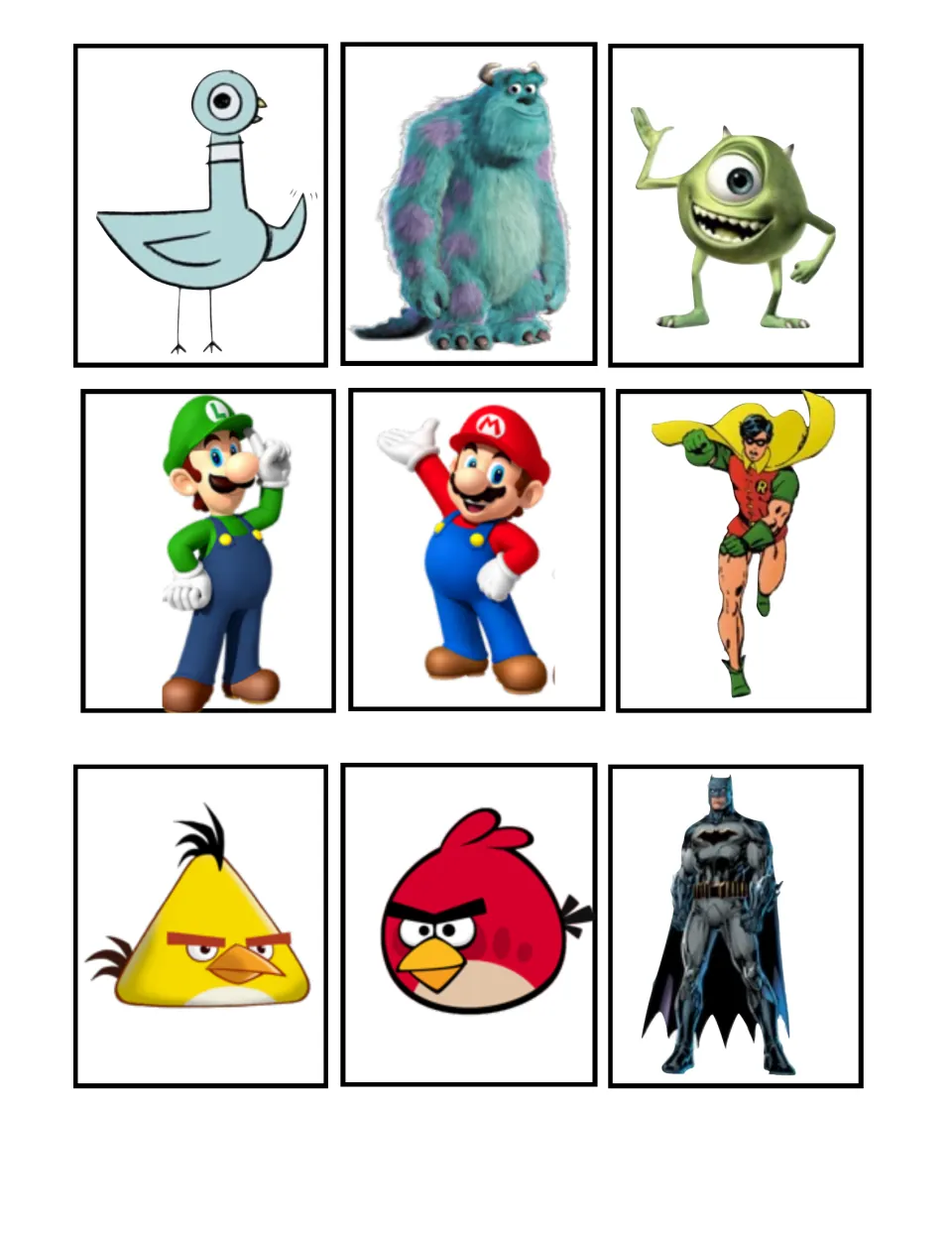 Character pair cards: the Pigeon, Sulley, Mike, Luigi, Mario, Robin, yellow and red Angry Birds and Batman to match