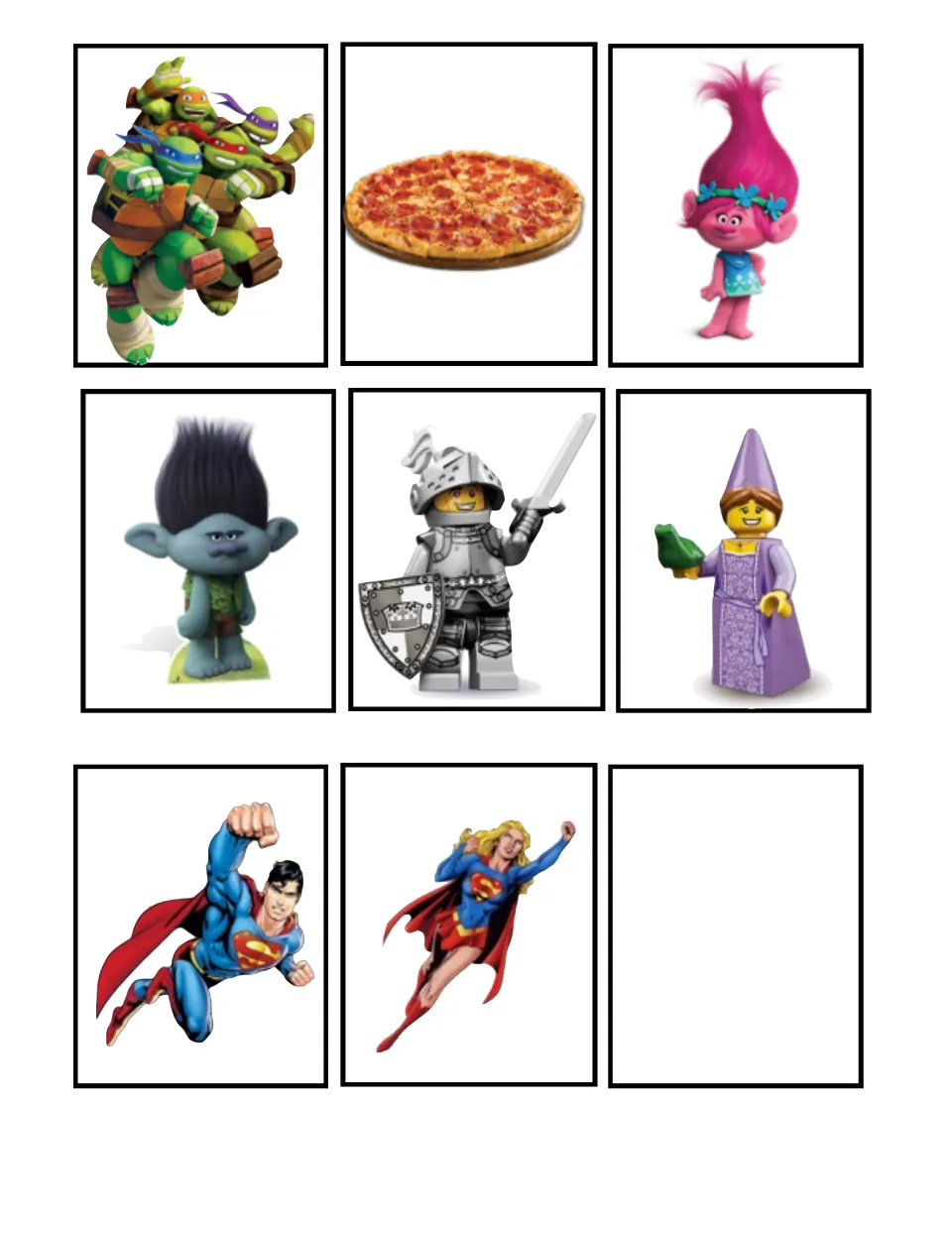 Matching cards: Ninja Turtles, pizza, Poppy, Branch, a LEGO knight and princess, Superman, Supergirl and one blank card