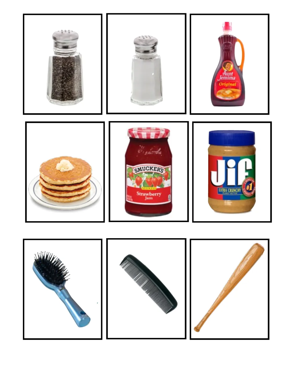 Real-item pairs: pepper and salt, syrup and pancakes, jam and peanut butter, hairbrush and comb, and a baseball bat