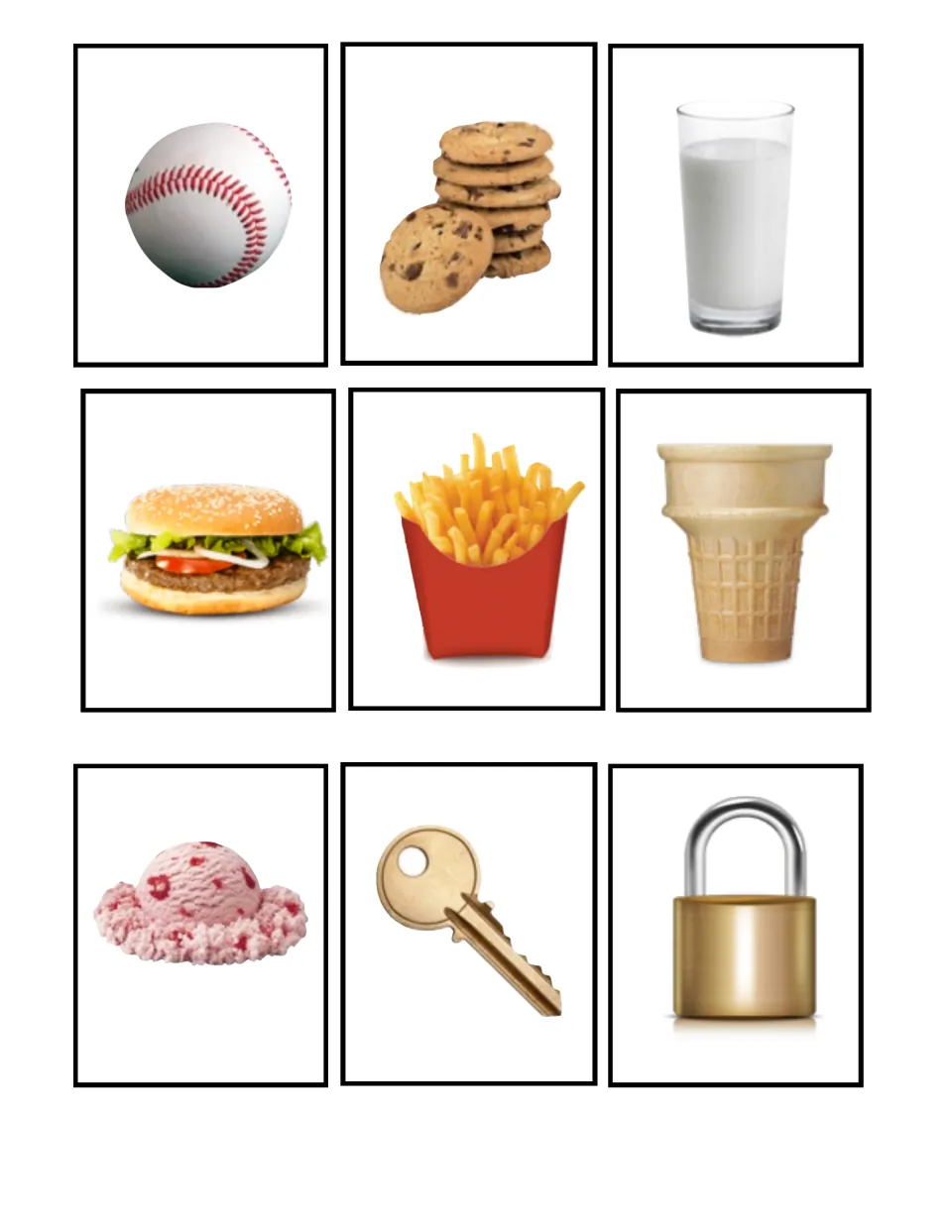 Photo pair cards of a baseball, cookies and milk, a burger and fries, ice cream cone and scoop, and a key and padlock