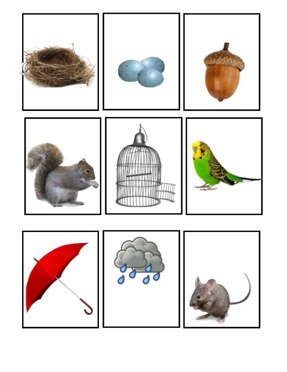Nature go-together cards: nest and eggs, acorn and squirrel, birdcage and parakeet, umbrella and rain cloud, and a mouse