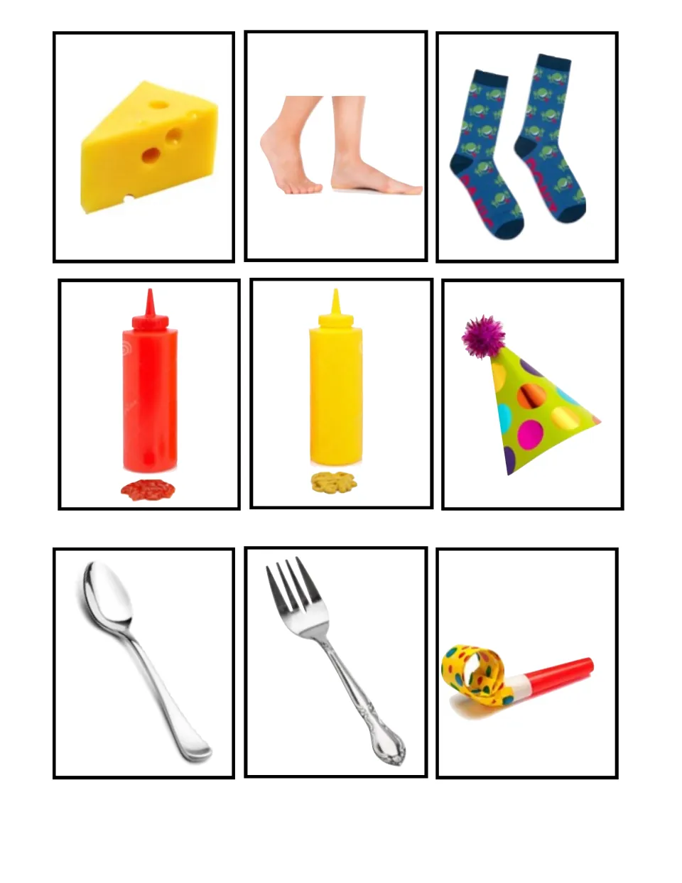 Pairs to match: cheese, bare feet and socks, ketchup and mustard, party hat, spoon and fork, and a party blower