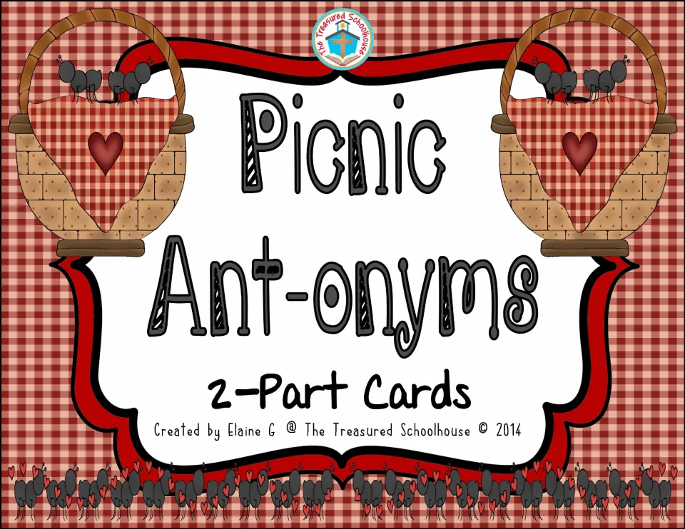Cover of Picnic Antonyms Task Cards, labeled '2-Part Cards' and credited to Elaine G at The Treasured Schoolhouse