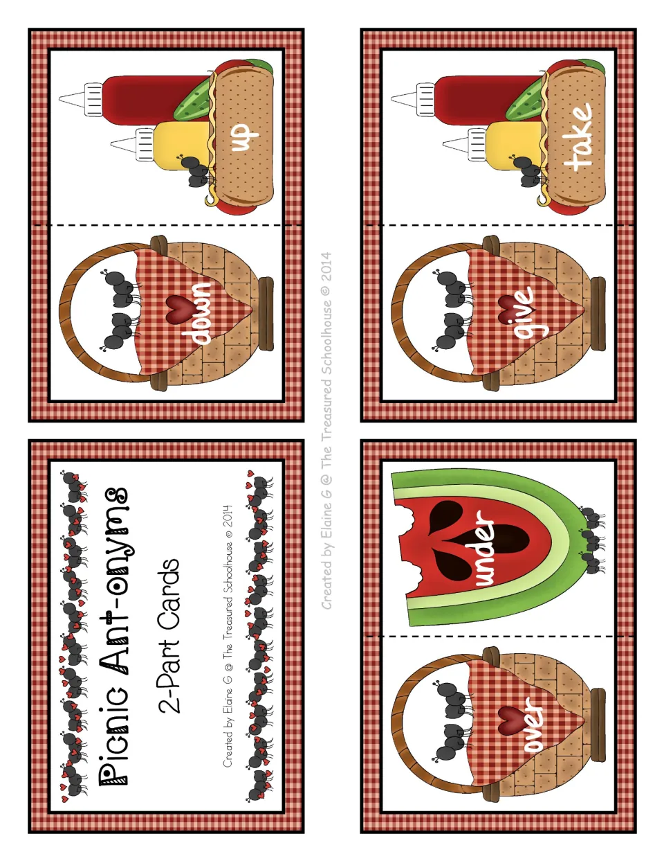 First antonym card sheet: a title card and three two-part matching cards for down/up, give/take, and over/under