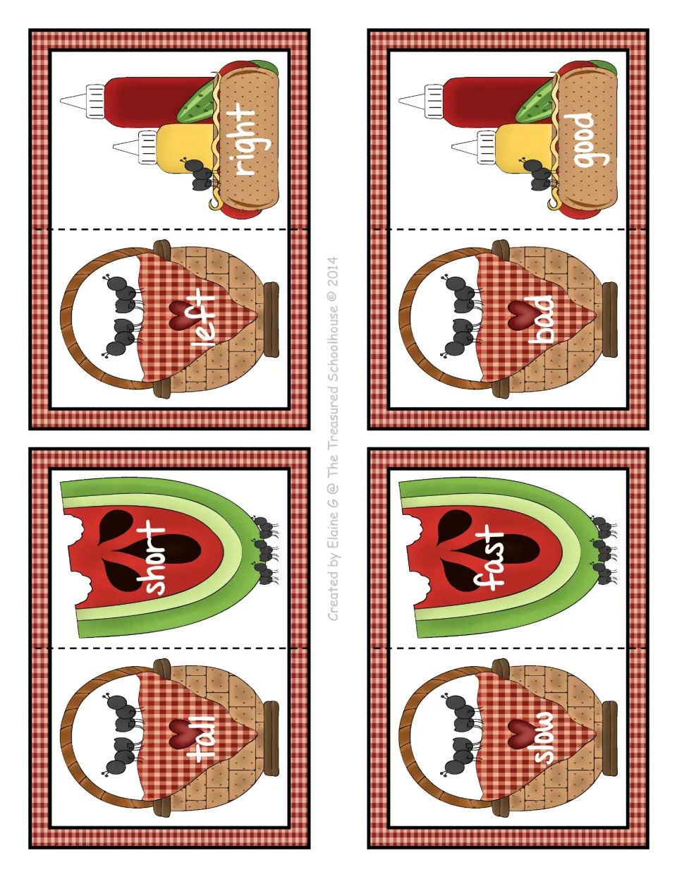 Antonym matching cards 4–7: four two-part cards pairing left/right, tall/short, bad/good, and slow/fast