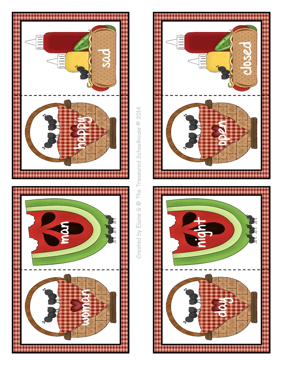 Antonym matching cards 8–11: four two-part cards pairing happy/sad, woman/man, open/closed, and day/night