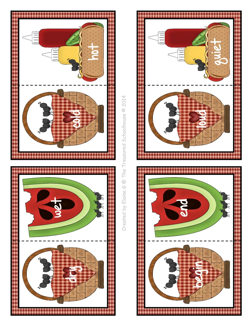 Antonym matching cards 12–15: four two-part cards pairing cold/hot, dry/wet, loud/quiet, and begin/end