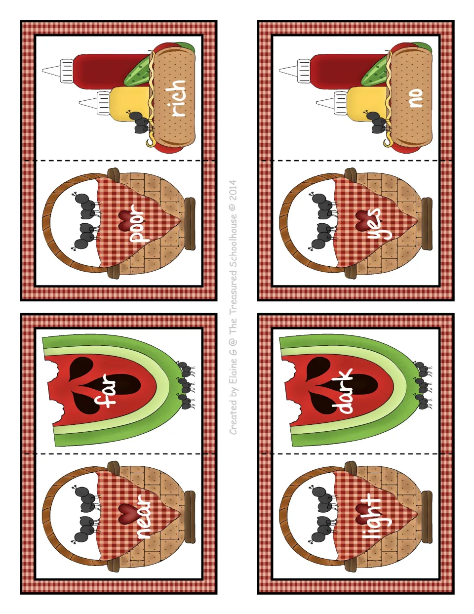Antonym matching cards 16–19: four two-part cards pairing poor/rich, near/far, yes/no, and light/dark