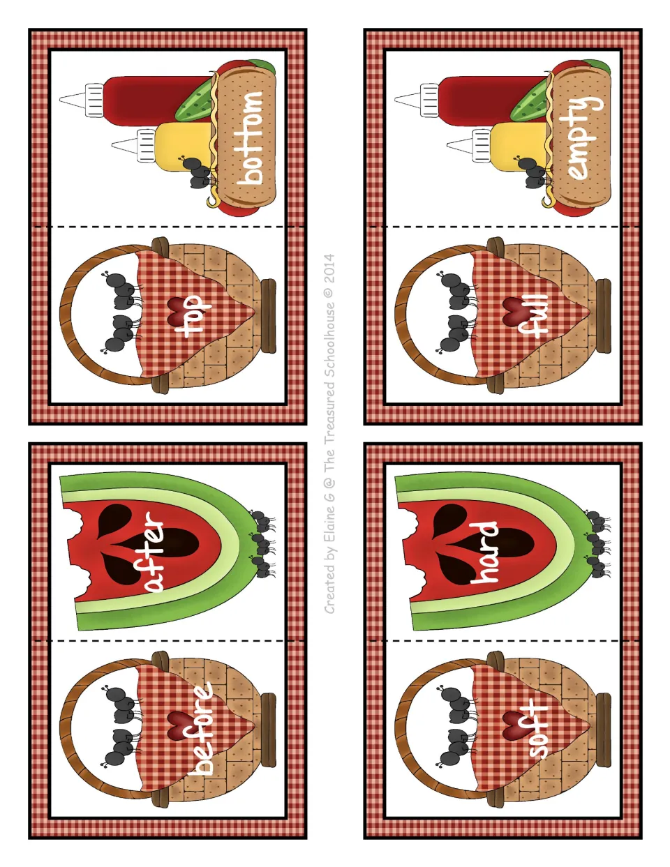 Antonym matching cards 20–23: two-part cards pairing top/bottom, before/after, full/empty, and soft/hard