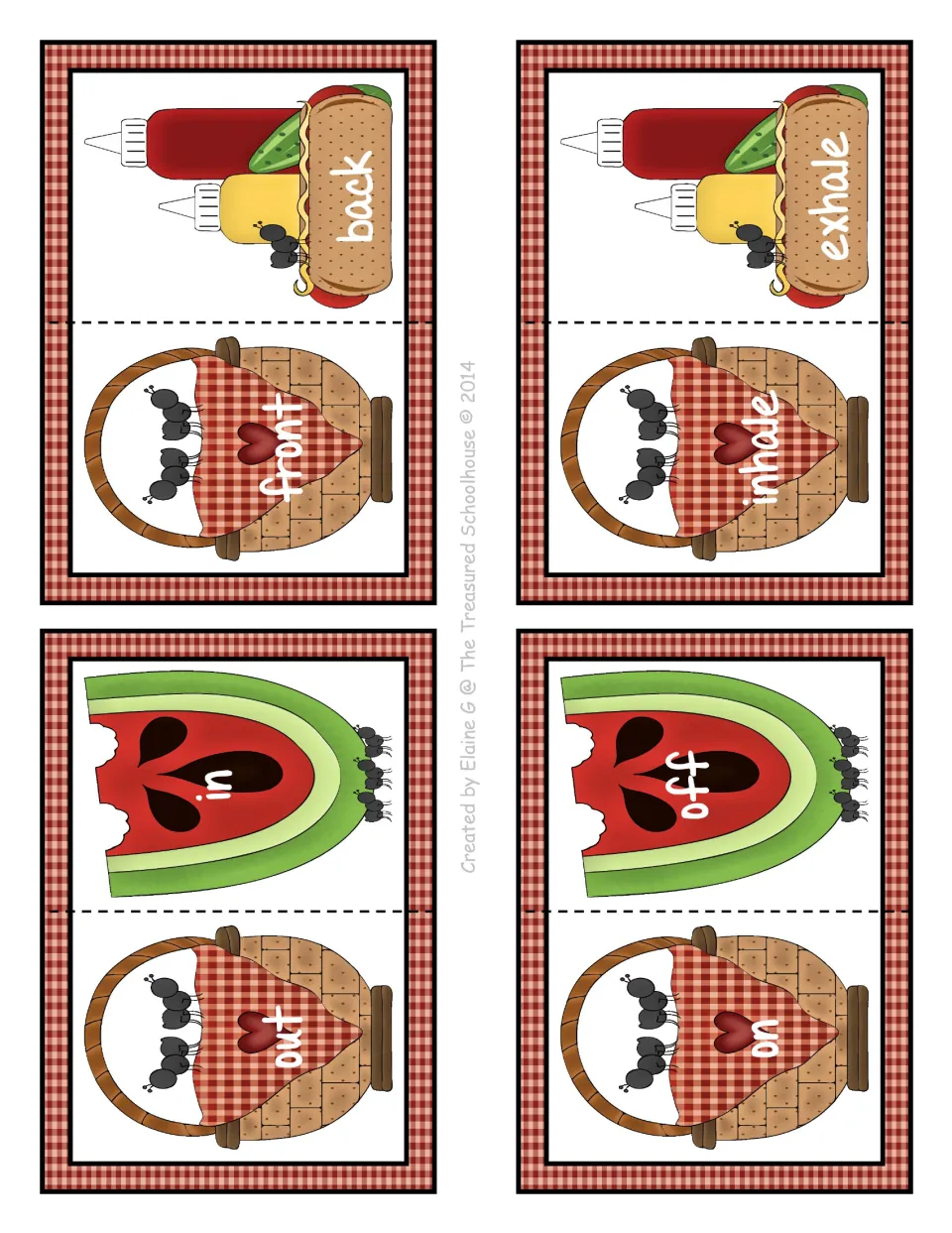 Antonym matching cards 24–27: four two-part cards pairing front/back, out/in, inhale/exhale, and on/off