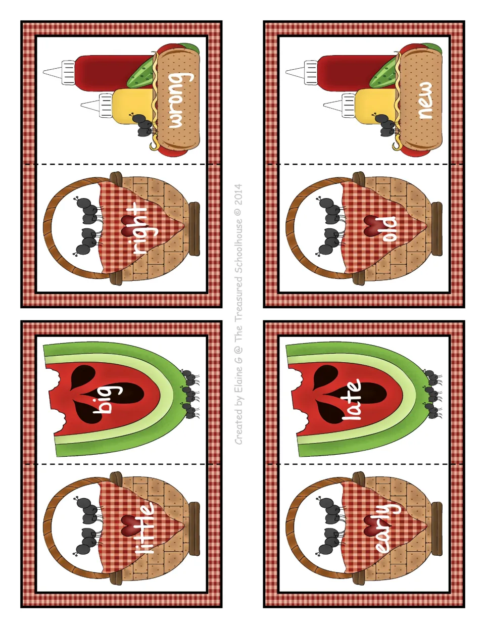 Antonym matching cards 32–35: four two-part cards pairing right/wrong, little/big, old/new, and early/late
