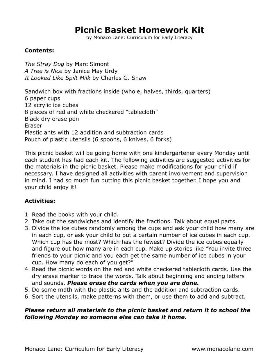 Parent letter listing basket contents and six home activities: read books, name fractions, share ice cubes, trace words