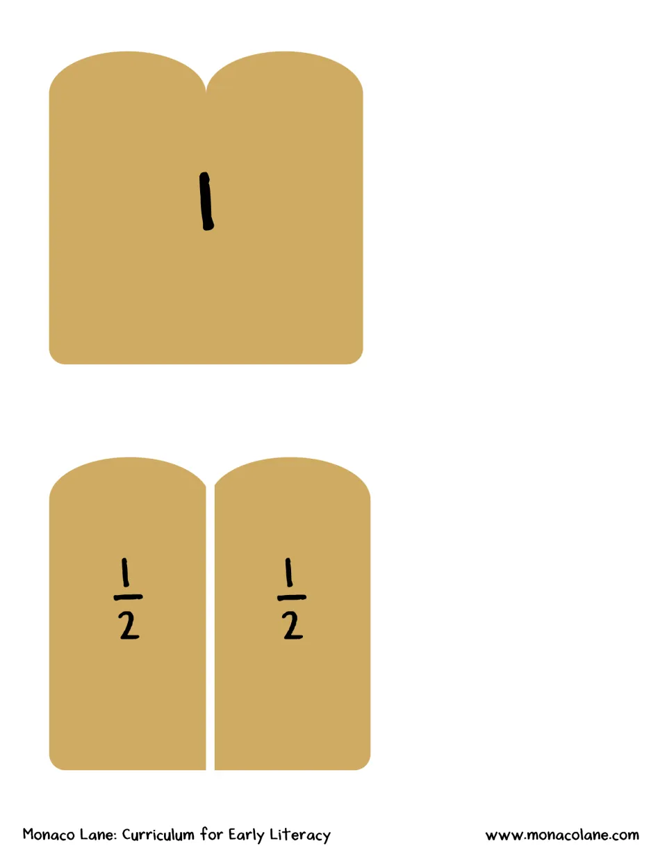 Sandwich fractions: bread slices to cut out, one whole slice marked 1 and one slice split into two pieces each marked 1/2