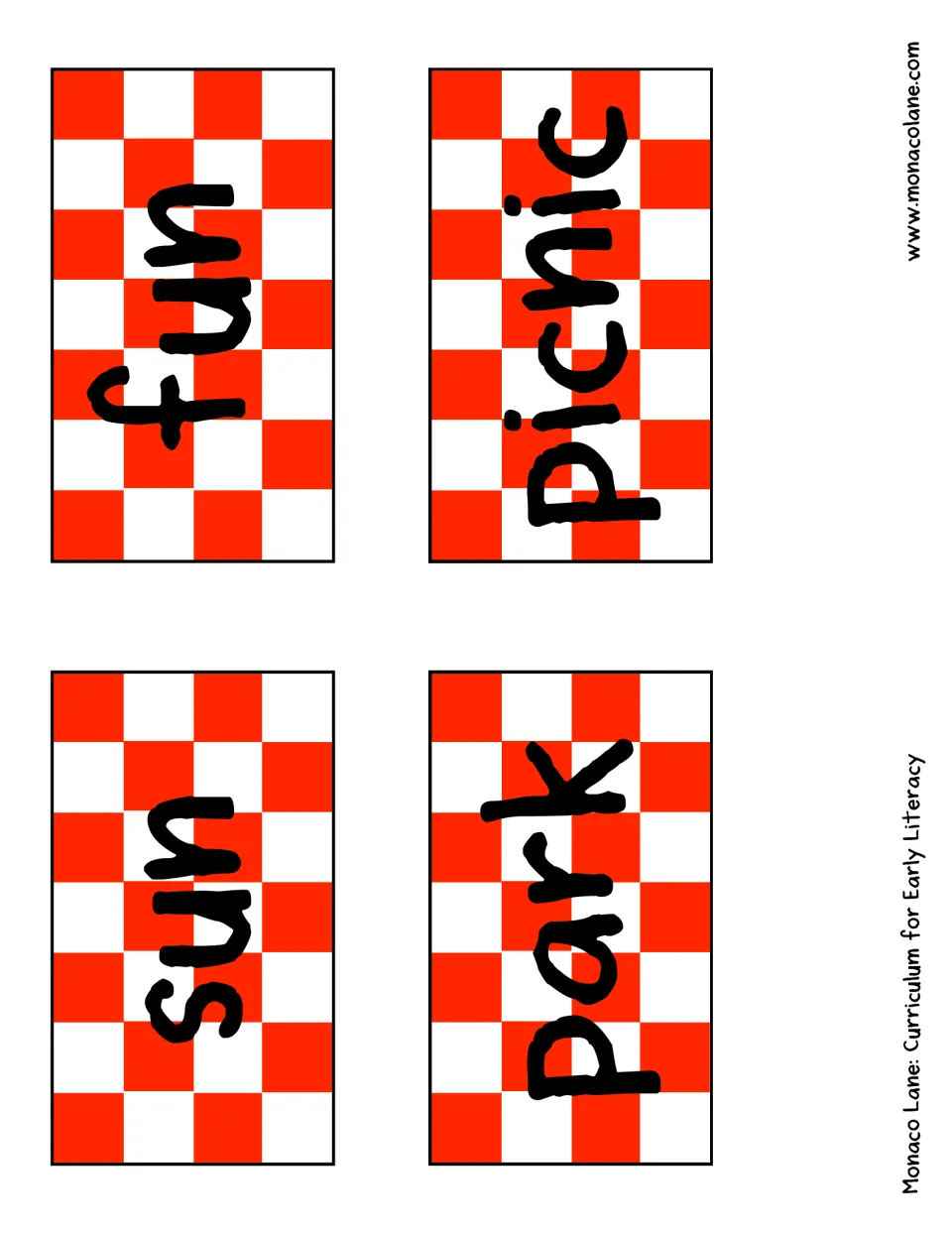 Red and white checkered tablecloth word cards for tracing the picnic words sun, fun, park and picnic with a dry erase pen