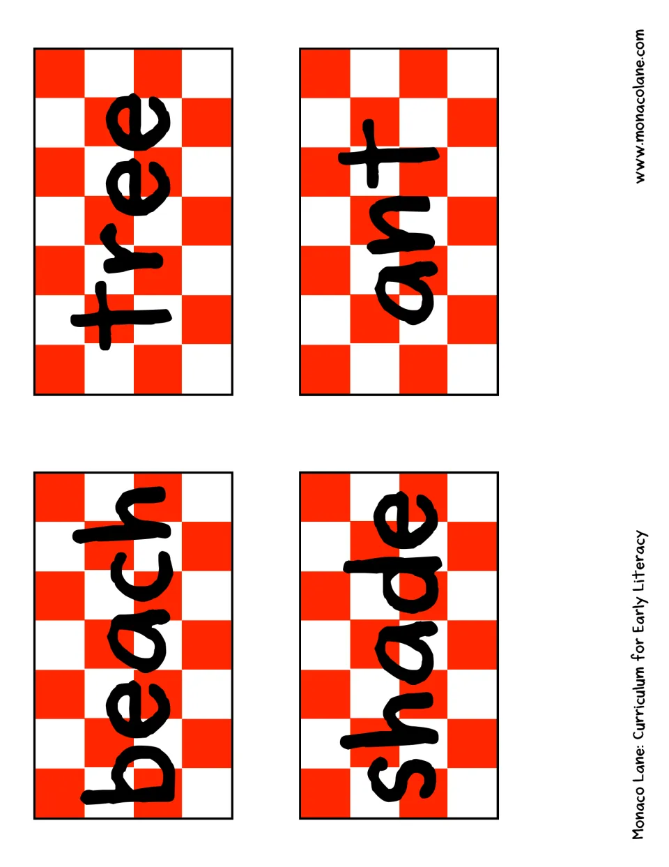 Checkered tablecloth word cards showing beach, tree, shade and ant for tracing and talking about first and last letters