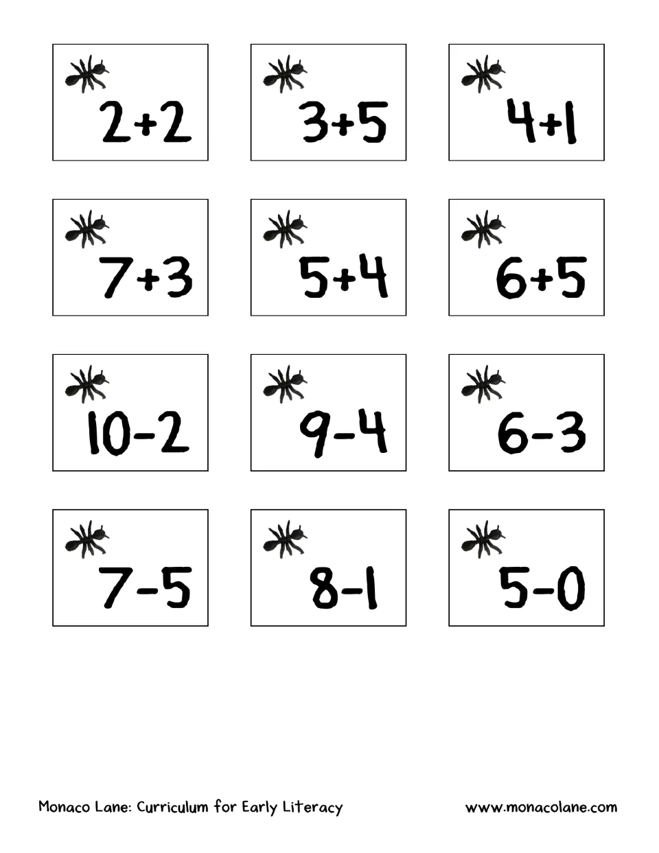 Ant math cards: 12 addition and subtraction facts such as 2+2, 6+5, 10-2 and 5-0 to solve using plastic ants
