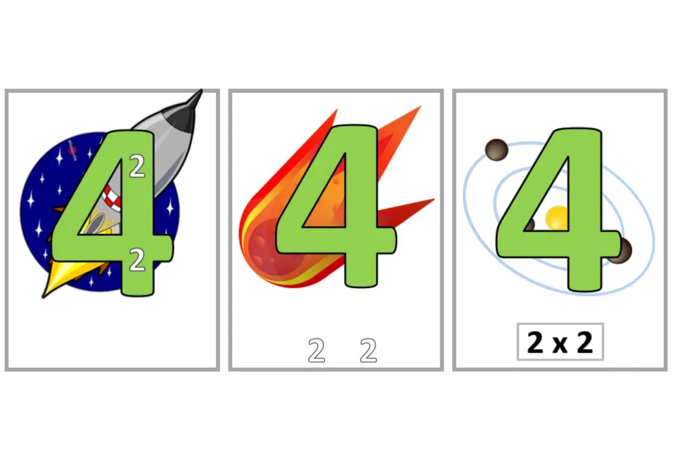 Multiplication flashcards for 2 × 2 = 4: three versions show two 2s inside the product, below it, or 2 × 2.