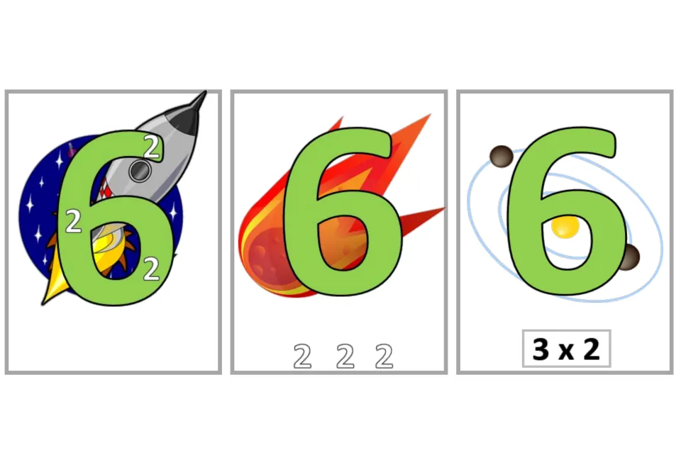Multiplication flashcards for 3 × 2 = 6: three versions show three 2s inside the product, below it, or 3 × 2.