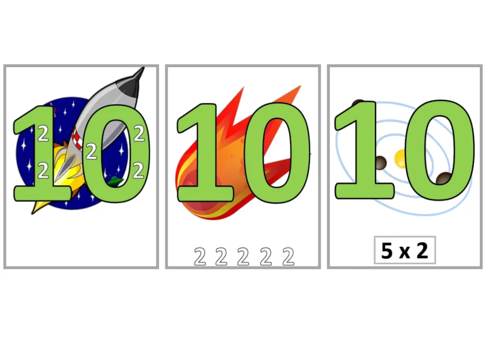 Multiplication flashcards for 5 × 2 = 10: three versions show five 2s inside the product, below it, or 5 × 2.