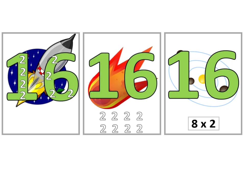 Multiplication flashcards for 8 × 2 = 16: three versions show eight 2s inside the product, below it, or 8 × 2.