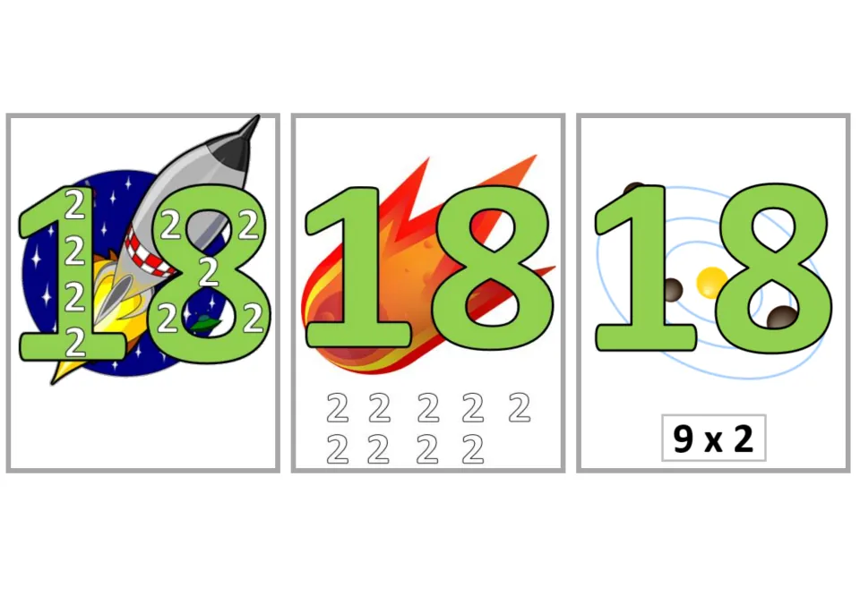 Multiplication flashcards for 9 × 2 = 18: three versions show nine 2s inside the product, below it, or 9 × 2.