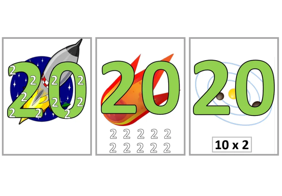 Multiplication flashcards for 10 × 2 = 20: three versions show ten 2s inside the product, below it, or 10 × 2.