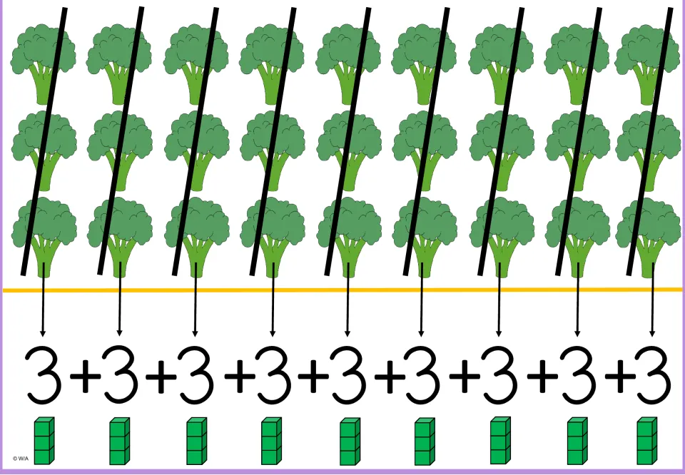 Multiplication-by-3 model showing nine broccoli groups of three, nine 3s added, and nine three-cube stacks