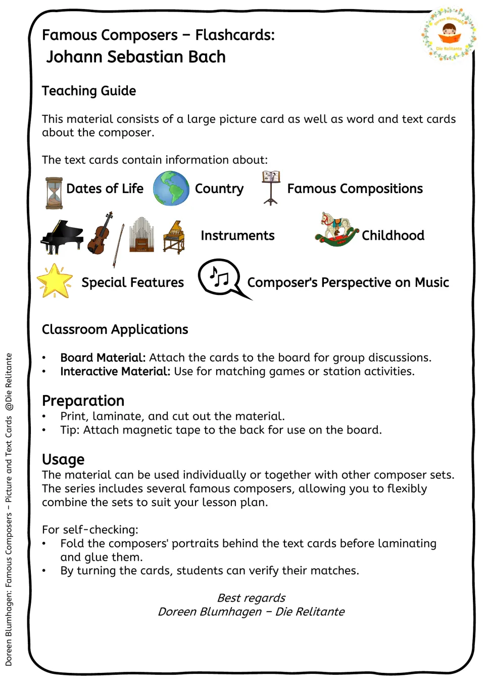 Teaching guide for the Bach cards: card topics, board and matching-game uses, laminating prep, fold-behind self-check