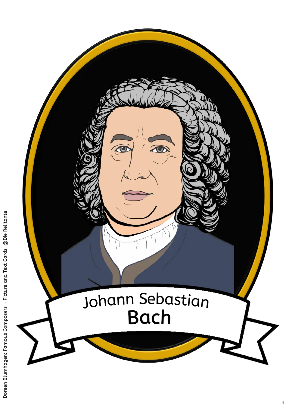Large portrait card of composer Johann Sebastian Bach in a powdered wig and dark coat, with his name on a banner below