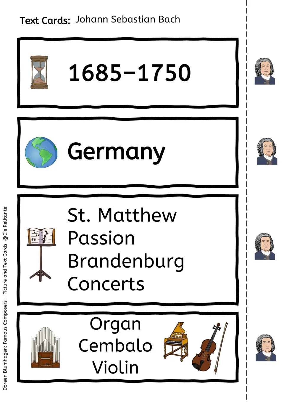 Bach text cards to cut out: 1685–1750, Germany, St. Matthew Passion and Brandenburg Concerts, organ, cembalo and violin