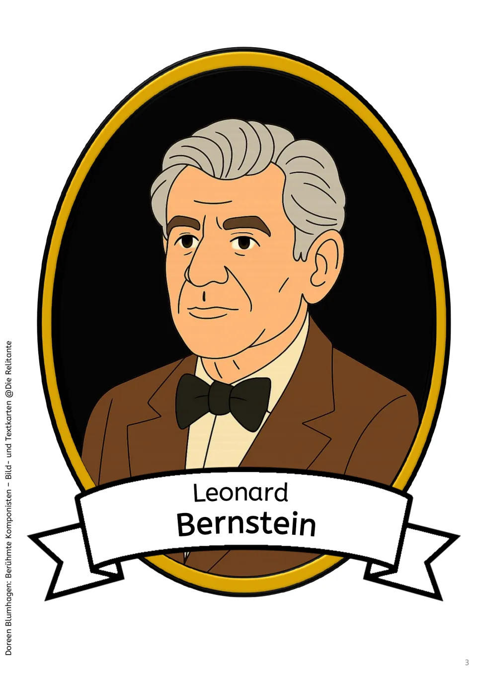 Large picture card: framed portrait of Leonard Bernstein in a bow tie, named on a banner, for matching facts to