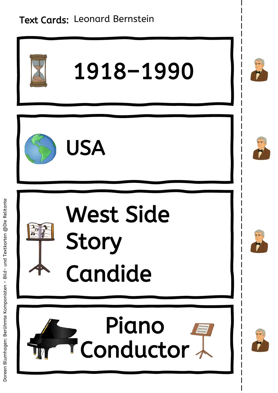 Bernstein text cards: 1918–1990, USA, West Side Story and Candide, piano and conductor, with fold-back portrait tabs