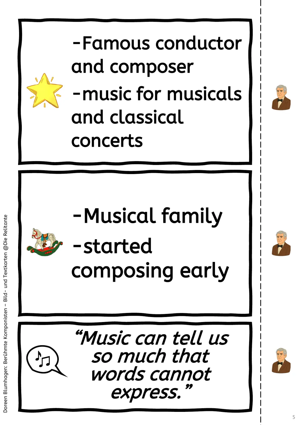 More text cards: famous conductor and composer, musical family, started composing early, and a quote on music beyond words