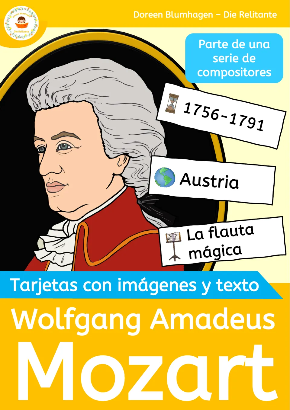 Cover of the Spanish Mozart card set, showing his portrait, life dates 1756–1791, Austria, and a work title